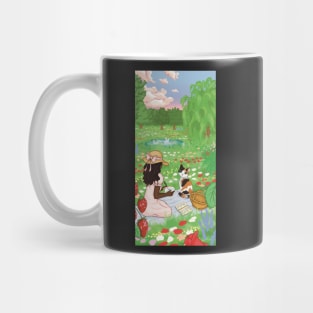 cottagecore illustration girl and cat picnic meadow Mug